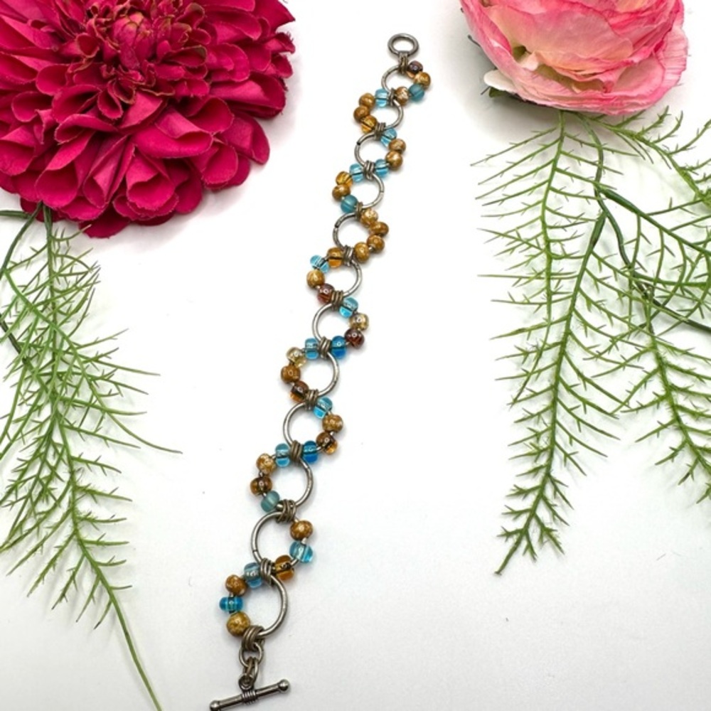 VINTAGE⚜️Spun Glass Beaded Round Link Charm Bracelet